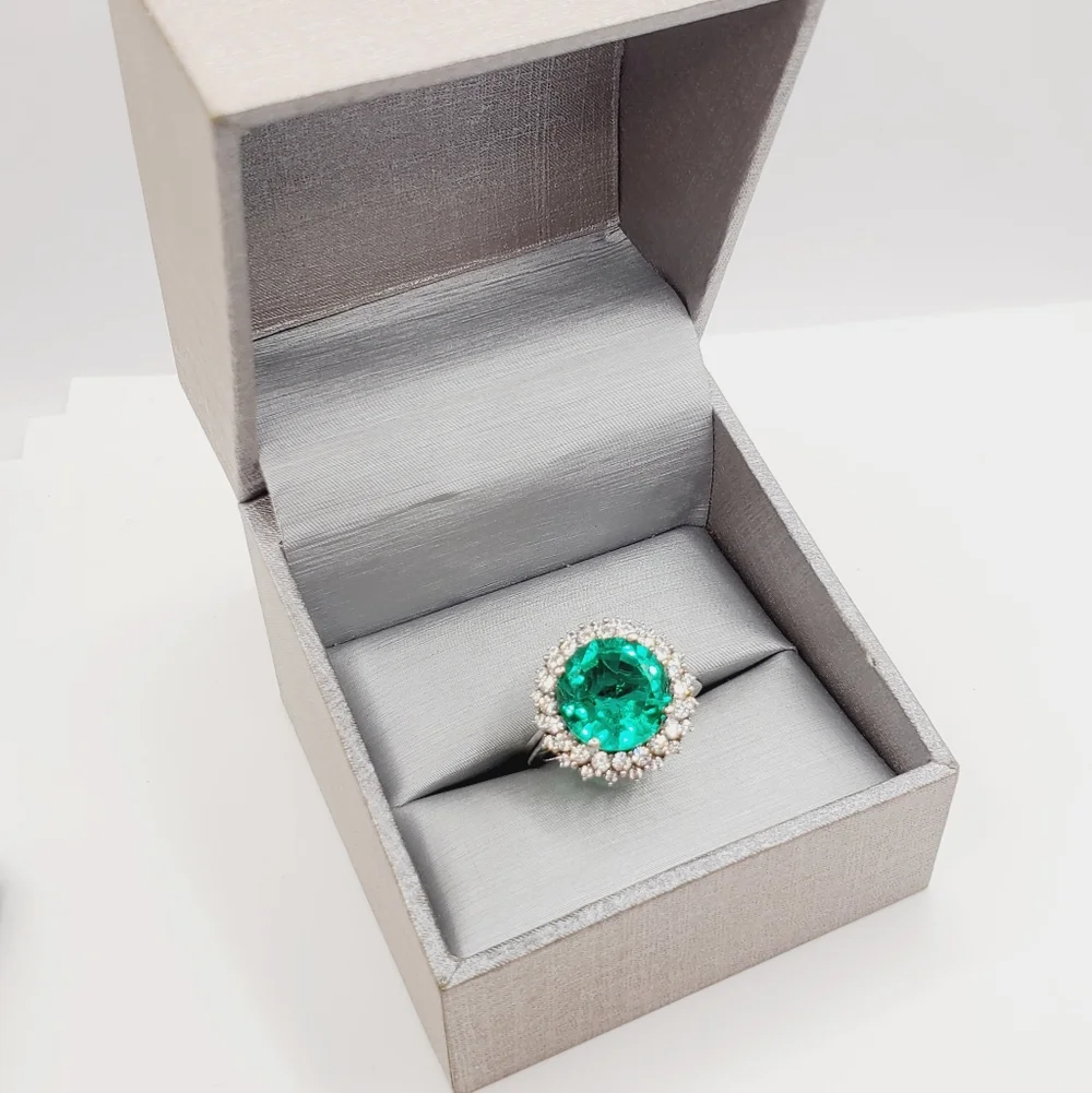 Emerald Green Quartz & White Zircon Halo Ring Platinum - 925 Sterling Silver